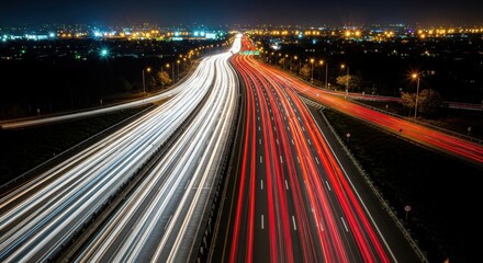 Stunning long exposure shot of a freeway at night, with red and white light trails from traffic illustrating the concept of speed and urban flow