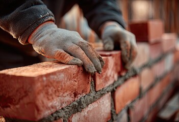 Close-up of hands in gloves placing brick on wall