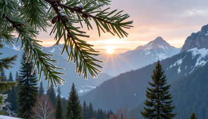 Fototapeta premium Close-up of frost-covered pine branch with mountainous landscape in the background at sunrise; nature's beauty, calmness and tranquility concept