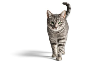 Gray tabby cat walking towards camera with green eyes gray  black stripes and raised tail