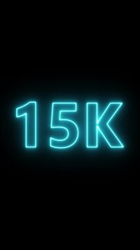 Glowing red neon 15k light text animation. Shining neon number motion graphic for 15k followers and subscribers celebration. Social media milestone achievement neon effect video on black background.