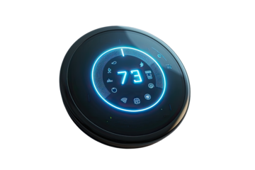 Modern digital thermostat with glowing icons