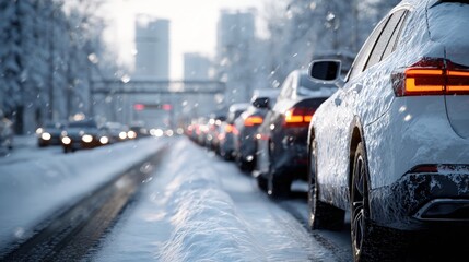 A wintry city street scene showcases a line of cars covered in snow, creating a tranquil and serene winter day.