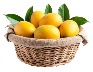 Photorealistic wicker jute basket filled with fresh Mango, natural texture details