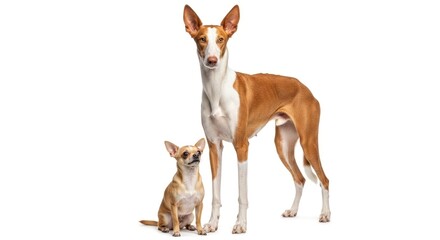A chihuahua sits beside a large standing dog with long legs and alert ears against a plain white background