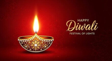 Golden Diwali Lamp Radiating Warmth on Red Backdrop A Symbol of Light Love Joy and Renewal Celebrating The Festival of