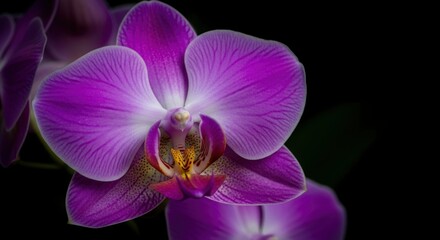 Closeup of a vibrant purple orchid flower with its petals vividly detailed and set against a dark backdrop