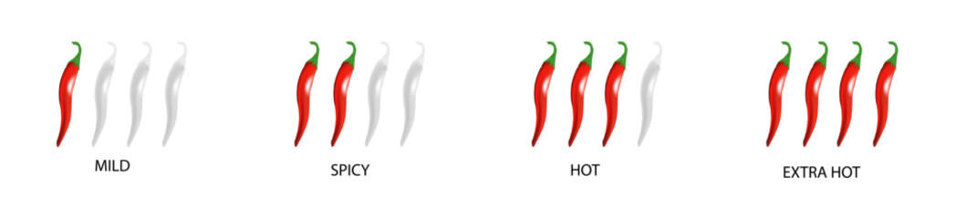 Spicy level labels. Spicy and hot chili spicy meter. Red spicy chili peppers. Vector