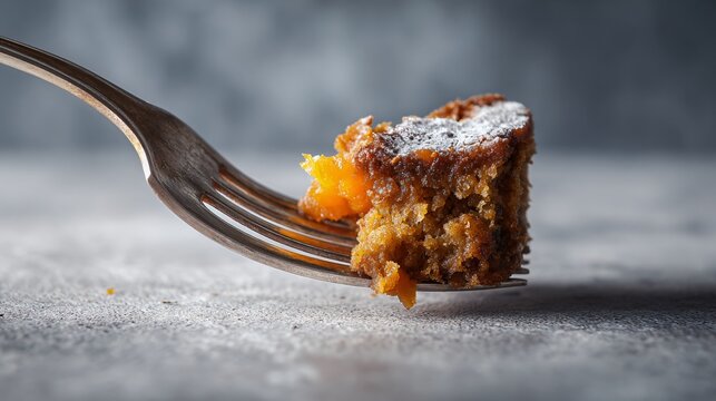 Single vintage fork with bite of persimmon cake, placed on textured surface