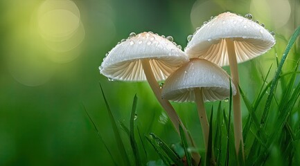 Three delicate white mushrooms with water droplets, nestled in tall green grass, bathed in soft sunlight