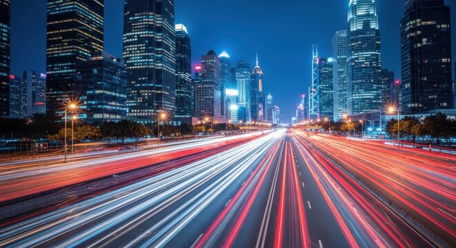 Spectacular long exposure shot of urban traffic light trails on a highway through a modern city skyline at night - Powered by Adobe