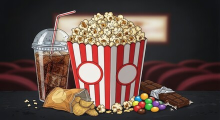 Movie snacks popcorn soda chips chocolate and candies sit ready in a theater setting
