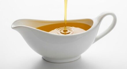 Olive oil being poured into a white gravy boat creating ripples in the golden liquid