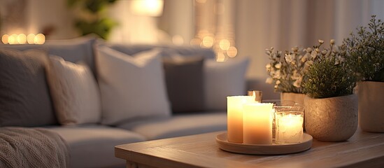 Cozy living room scene at twilight, illuminated by warm candles