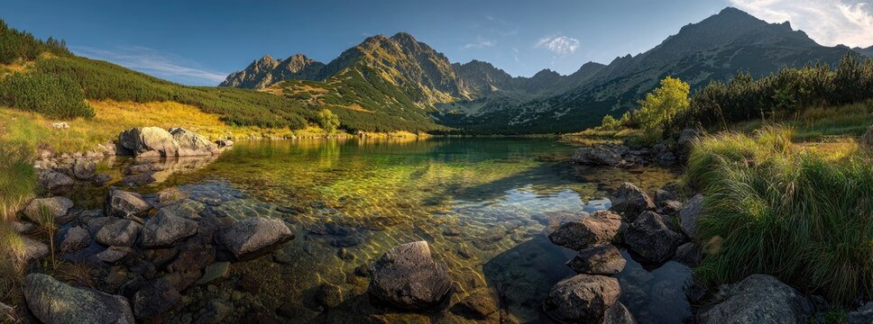 Serene mountain lake reflecting a vibrant sky - Powered by Adobe