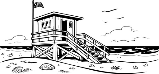 Lifeguard Tower on the Beach, Black and White Engraving Style