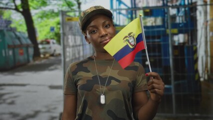 Young woman soldier holding flag beside scaffolding at construction site wearing camouflage cap; pride support solidarity. - Powered by Adobe