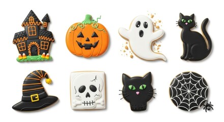 Naklejka premium Halloween cookies haunted house pumpkin ghost black cats witch hat skull spiderweb arranged in two rows