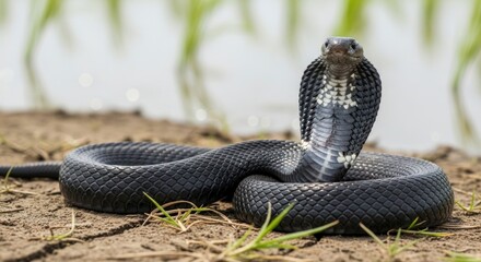 Fototapeta premium A black cobra hood flared with white markings is coiled on dry ground with sparse grass facing forward against a blurred natural background