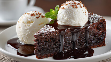 slice of rich chocolate cake with a scoop of vanilla ice cream and a topped coffee