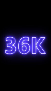 Glowing red neon 36k light text animation. Shining neon number motion graphic for 36K followers and subscribers celebration. Social media milestone achievement neon effect video on black background.