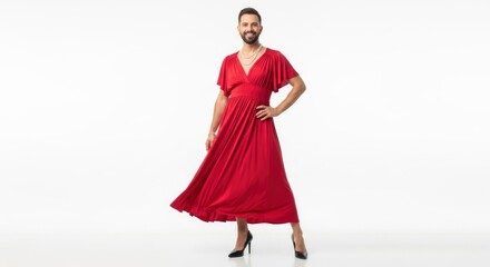 Man smiles in a red dress wearing a pearl necklace and black heels against a white backdrop