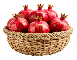 Photorealistic wicker jute basket filled with fresh Pomegranate