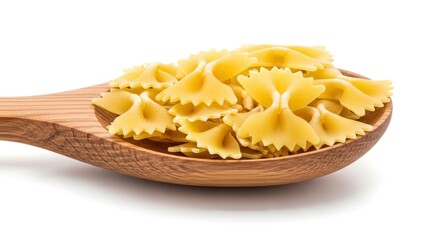 A wooden spoon is brimming with bowtie pasta against a white background