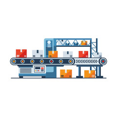 Industrial automation concept with a factory conveyor belt rapidly processing and sorting cardboard packages for shipping and logistics