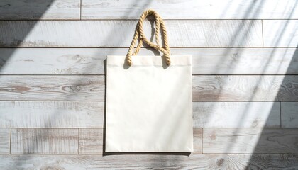 Blank canvas tote bag on light wooden floor