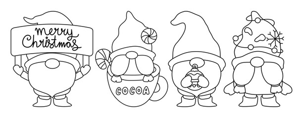 Fototapeta premium A set of outlined Christmas gnomes for a coloring page. Includes gnomes with a gift and festive ornaments.