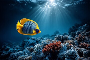 Fototapeta premium A vibrant yellow and blue angelfish glides through a sunlit coral reef, with rays of light piercing the ocean surface. Stunning underwater scene showcasing marine life and tropical beauty.