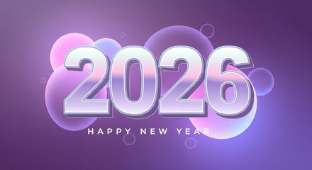 Iridescent Chrome Happy New Year 2026 3D Typography Vector
