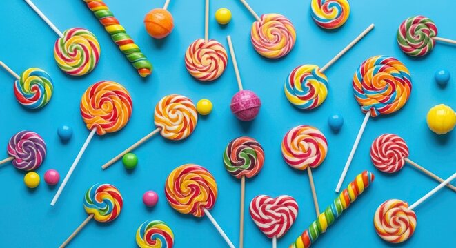 A blue background filled with a variety of colorful lollipops and hard candy