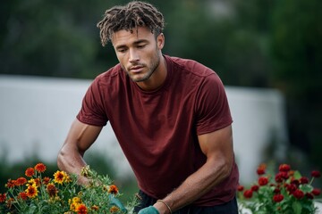 Handsome young man with dreadlocks tending to vibrant orange and red flowers in garden. Athletic male gardener working outdoors in maroon shirt.