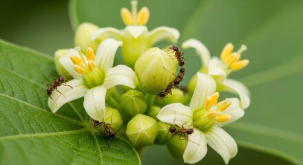 Several ants crawl on white flowers and green buds in a cluster against a blurred green background