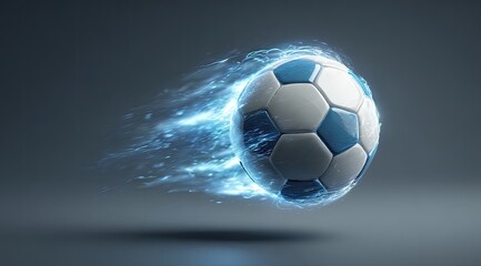 Fototapeta premium A soccer ball, illuminated by a trail of glowing, light-blue energy, is presented in a dramatic, stylized studio shot