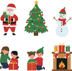 Christmas celebration illustration with Santa Claus, snowman, children exchanging gifts, decorated tree, cozy fireplace, festive mood, holiday season joy