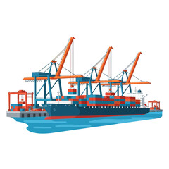 Fototapeta premium Industrial maritime port with a large container ship being loaded by gantry cranes. A vector concept for global logistics and freight transport