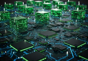 Obraz premium Glowing Green Cubes on Circuit Board Abstract Technology