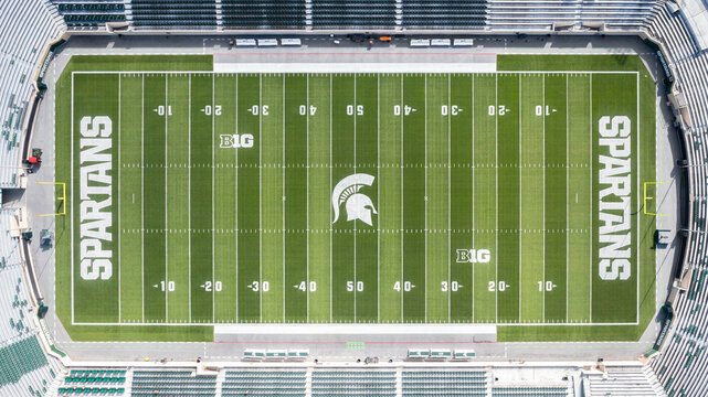 East Lansing, MI, USA - August 29, 2025: An aerial view of Spartan Stadium at Michigan State University, home to the Spartans football team that compete in the NCAA Big Ten Conference.
