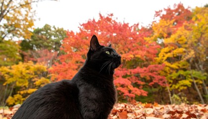 Black cat in autumn foliage