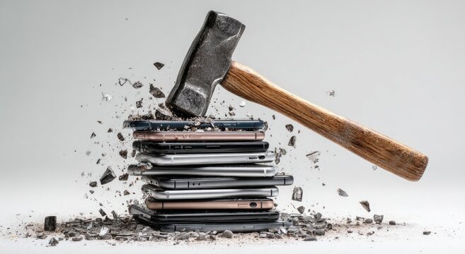 A heavy metal hammer smashes a stack of smartphones, creating a powerful impact visual