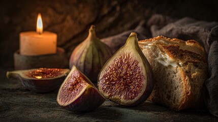 An atmospheric image of roasted figs and brie, candlelight shimmer, dark textured backdrop, rustic elegance