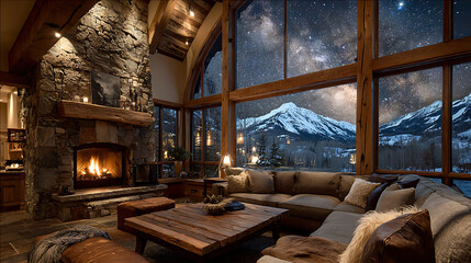 a warm, inviting living room with a fireplace and large windows showcasing a stunning nighttime landscape of snowy mountains and the milky way.