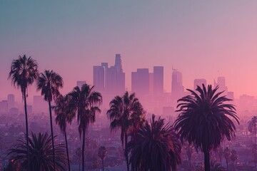 Sunrise city skyline, hazy, palm trees