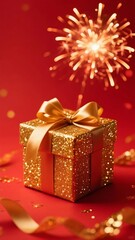 Golden gift box with fireworks