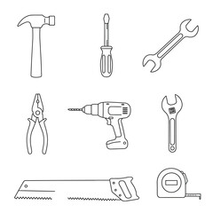 Fototapeta premium A collection of essential hand tools depicted as clean, minimalist outline icons, perfect for construction, DIY projects, and home improvement illustrations.