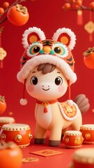 Fototapeta premium Cute horse with tiger hat and drums