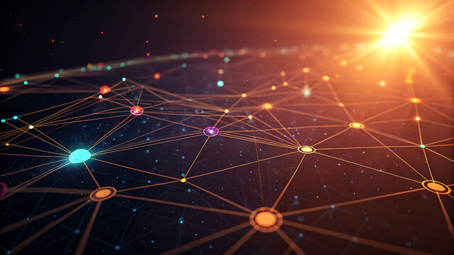 Vibrant network of connected digital nodes illuminated by a bright golden sunburst